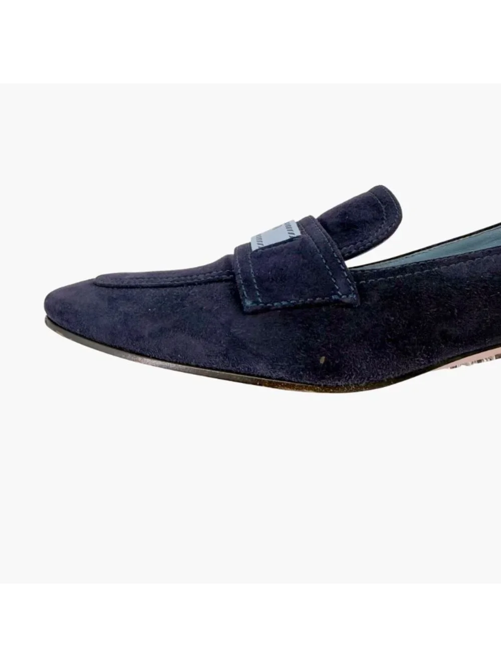 Prada Logo Loafer Pumps Heels Navy Suede Size 37.5 US 7.5 Women’s Blue